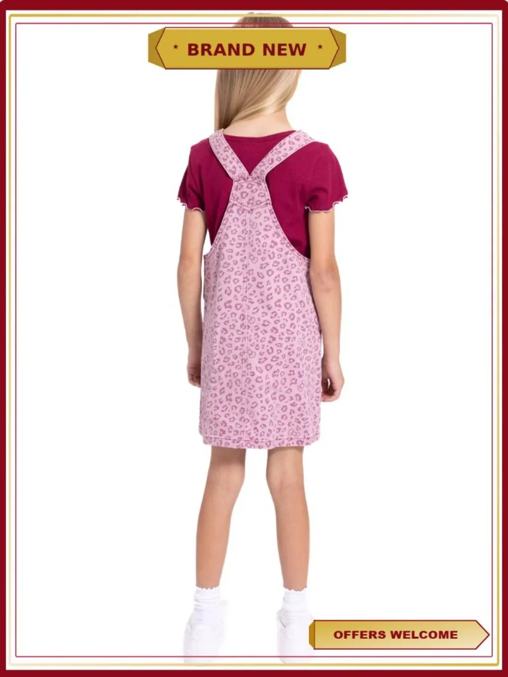 Girls 2 Piece Set - Ribbed Tee & Denim Jumper Dress with Hello Kitty